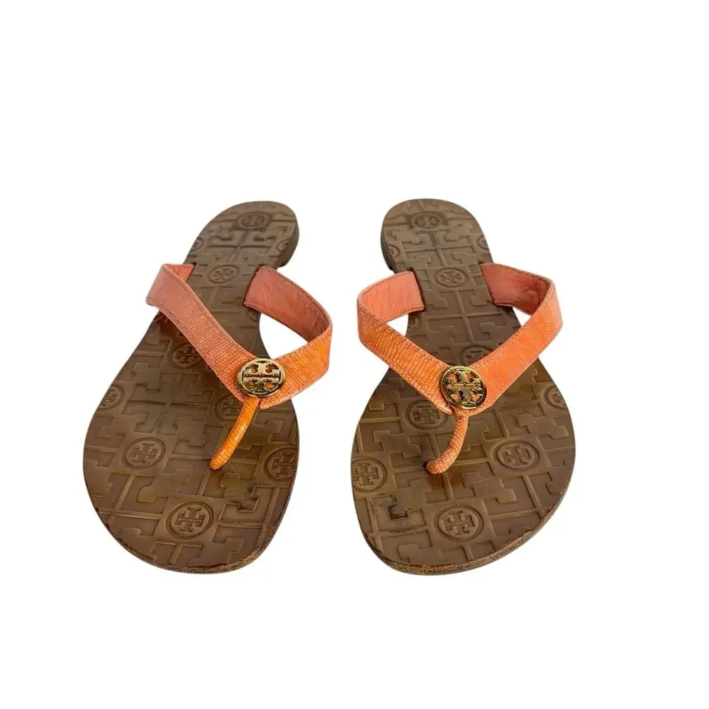 Tory Burch Thora Logo Orange Leather Thong Flip-Flop Flat Sandal Women's Size 9